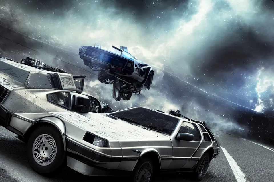 Image similar to ultra realistic delorean dmc 5 drifting next to toyta trueno ae 8 6 on ancient space highway wreckage in space, dark cinematic, volumetric, realistic, 3 d render, realistic render, cinematic lighting, volumetric lighting, atmospheric, cinematic, unreal engine 5, unreal engine render, octane render, hd, photorealism, hyper realistic, 8 k