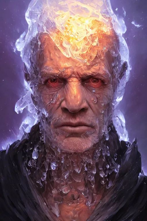 Prompt: the look of an elderly person, necromancer, witch - doctor covered with ice exploding into fire, full of wrinkles and imperfections by artgem and greg rutkowski, highly detailed, high contrast, light reflection, trippy, nebula, trending on artstation