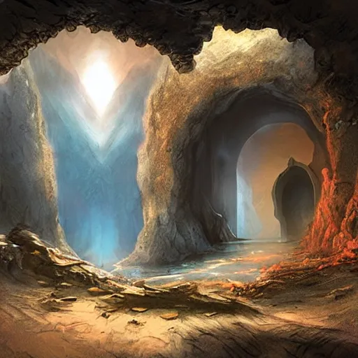 Image similar to beautiful matte painting of a fantasy cave entrance