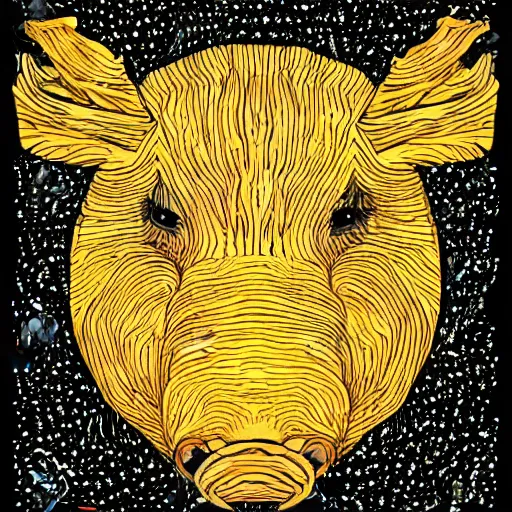 Prompt: illustration of symmetrical wild boar with mushrooms on face, in the style of moebius and studio ghibli and vincent van gogh
