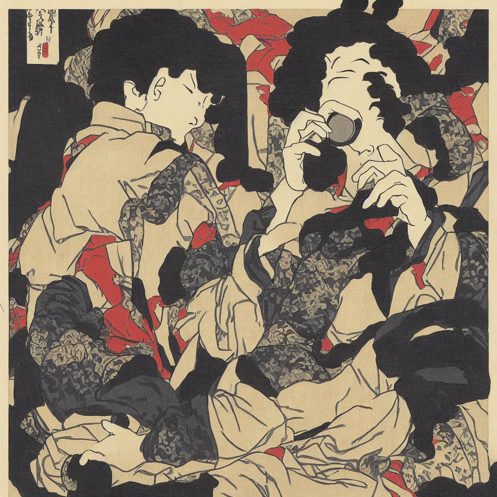 Image similar to i, a man wearing headphone and playing his iphone, by hokusai