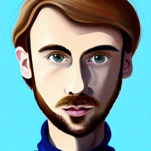 Prompt: gangly man with short blond brown wavy hair, blond brown stubble thin beard, no mustache, English heritage, blue eyes, middle aged, wearing a turtleneck and jacket, pale skin, frowning, narrow long face, crows feet, digital art, painterly, cartoon, cute, 8k, illustration, art by loish, painterly, trending on artstation, medium shot, uncropped