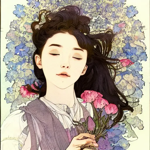 Image similar to a beautiful intricate watercolor illustration of a sleeping girl with flowers,, 4 k, ultra - wide angle, by william turner, by victo ngai, by alphonse mucha, by miho hirano, by moebius, hd, trending on artstation, hyper detailed, muted intense colors