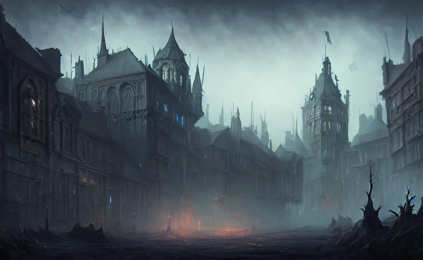 Image similar to extreme long shot concept art depicted old english majestic town, dramatic mood, overcast mood, dark fantasy environment, detailpunk, art inspired by league of legends and arcane, style by paulus decker, jason engle, jordan grimmer, trending on artstation, unreal engine, golden ratio, spectacular composition, realistic architecture