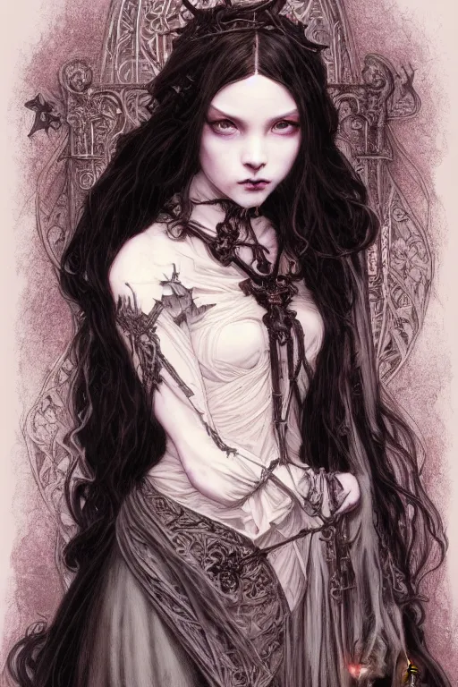 Image similar to beautiful and gothic and victorian and luxury and demonic young medieval dark wizard portrait like blackpink lisa+front face with light flowing hair, ultradetail face, art and illustration by tian zi and craig mullins and WLOP and alphonse mucha, fantasy, intricate complexity, human structure, human anatomy, fantasy character concept, watermark, blurry, hyperrealism 8k