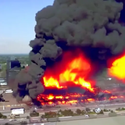 Image similar to bleve explosion, fireball, fireball explosion, 2 4 0 p footage, 2 0 0 6 youtube video, helicopter footage over city, gas station explosion