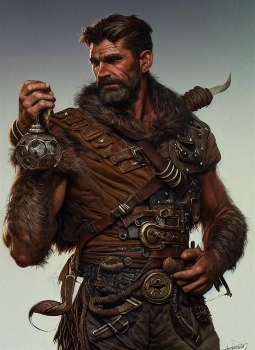 Image similar to portrait of a ruggedly handsome ranger, hands details, muscular, half body, leather, hairy, d & d, fantasy, intricate, elegant, highly detailed, digital painting, artstation, concept art, smooth, sharp focus, illustration, art by artgerm and greg rutkowski and alphonse mucha