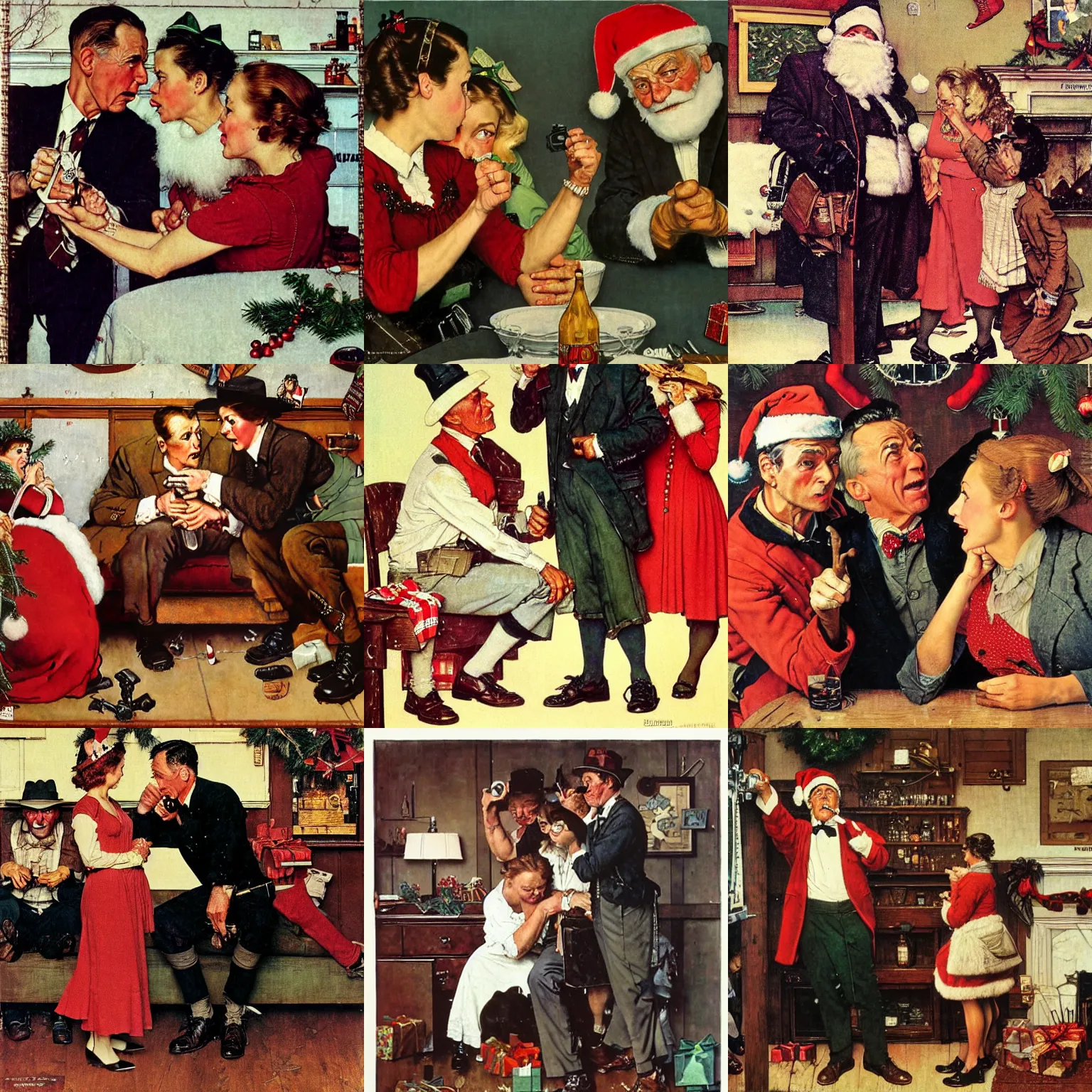 Prompt: a drunken man pointing a revolver at his sister - in - law, christmas by norman rockwell