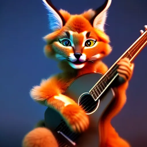 Prompt: cute fluffy caracal playing a guitar, fully detailed, high quality , 4k , octane render , soft light , masterpiece