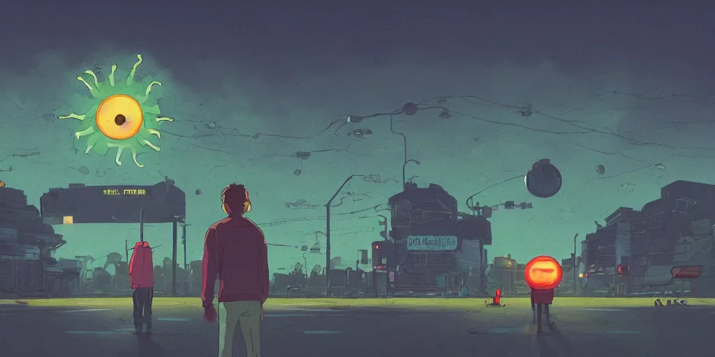 Image similar to Portrait using the Rule of Thirds,alien frogs, focusing on an alien frog invasion, the sun is exploding, Portrait, Very Cloudy Sky, Sun, Neon Lights, Rule of Thirds, perspective, Retrofuturism, Studio Ghibli, Simon Stålenhag