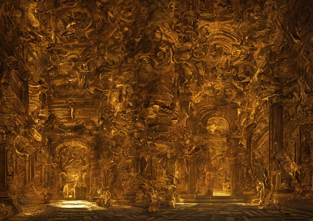 Image similar to hall of gods, with intricate details,, gold lighting by greg ruttowski, trending on artstation