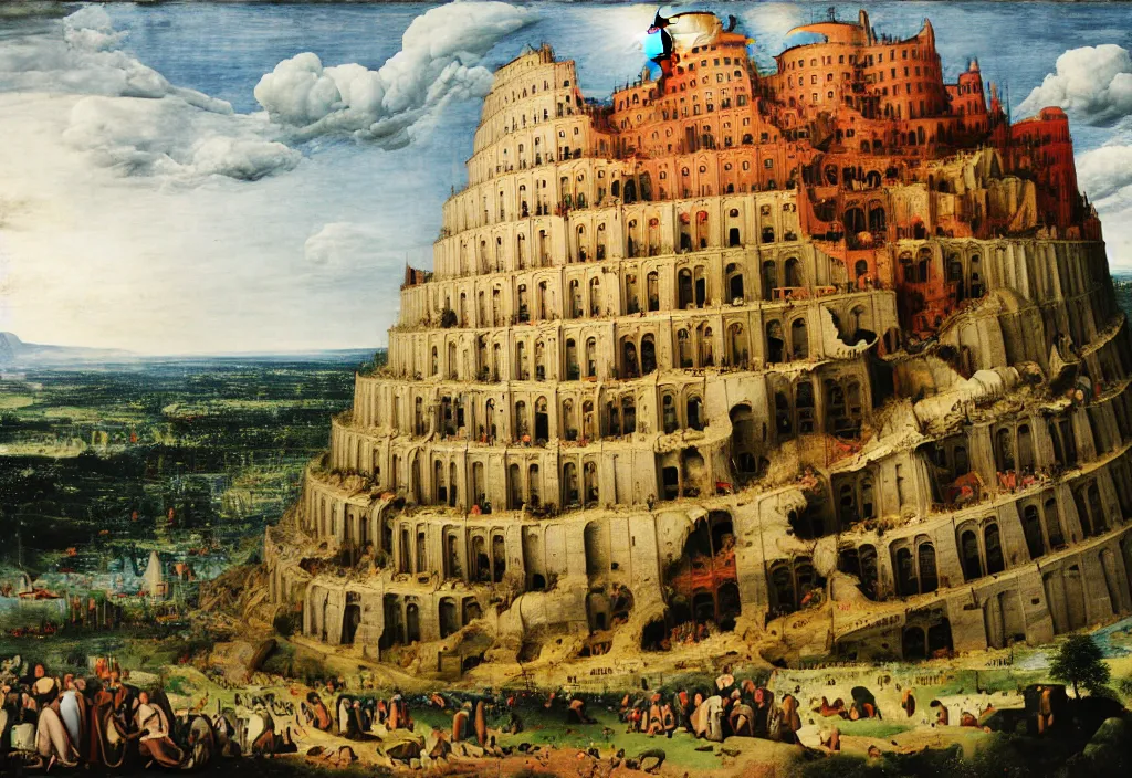 Image similar to the tower of babel after it collapses, by pieter breugel the elder