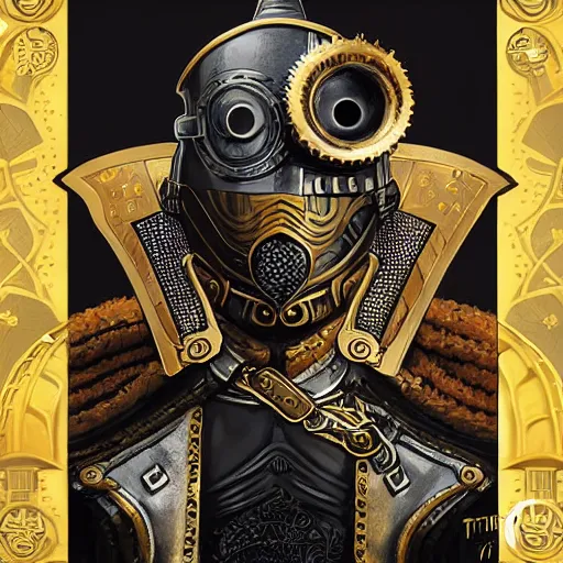 Prompt: Lofi steamPunk portrait knight wearing black and gold plate armor with dragon Pixar style by Tristan Eaton Stanley Artgerm and Tom Bagshaw