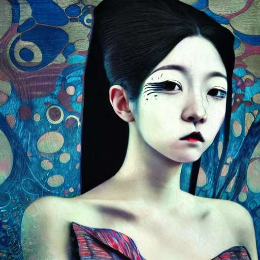 Image similar to yoshitaka amano blurred and dreamy realistic three quarter angle portrait of a young woman with black lipstick and black eyes wearing dress suit with tie, junji ito abstract patterns in the background, satoshi kon anime, noisy film grain effect, highly detailed, renaissance oil painting, weird portrait angle, blurred lost edges