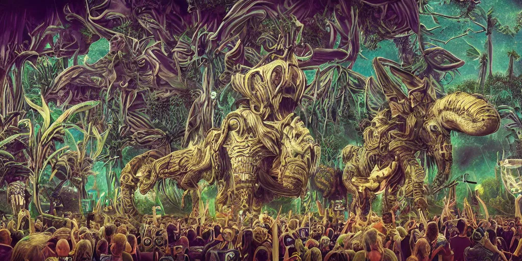 Image similar to hyper realistic coachella stage in the style of a mastodon album cover, highly detailed, intricate, digital painting, artstation, 3 5 mm film grain