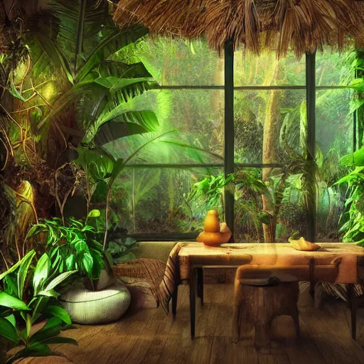 Image similar to interior design of a jungle house, vivid lighting, photorealist, 4 k