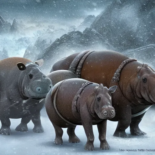 Image similar to fantasy art 4 k photo of hippos in plate mail armor ready for battle in a blizzard