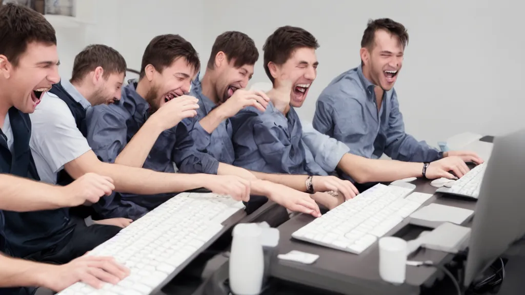 Prompt: several guys typing a keyboard and laughing very hard, mouth wide open, looking at camera, silky smooth cloth, wet look