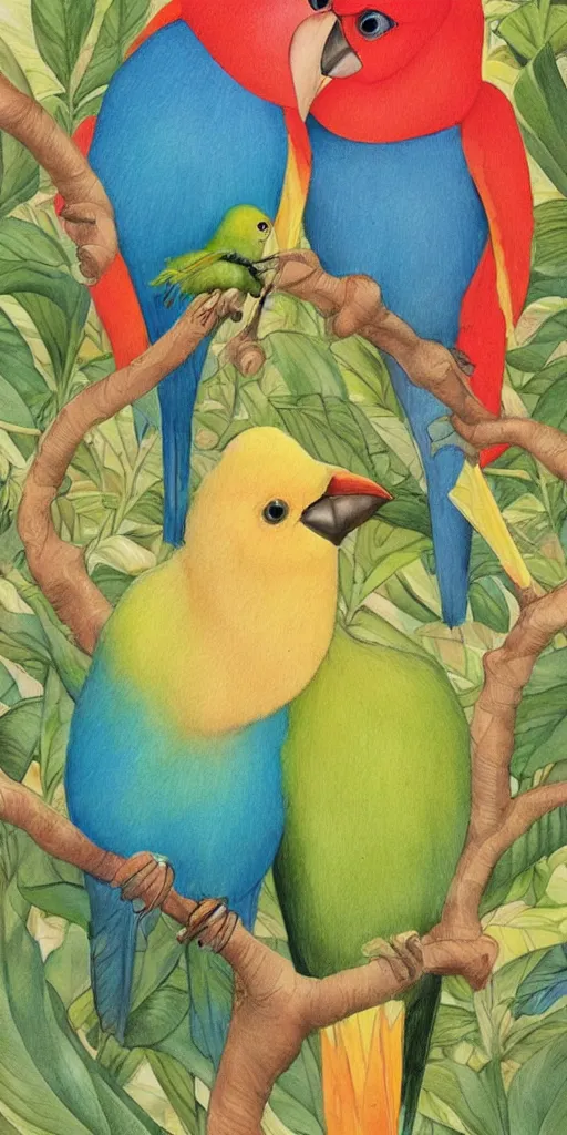 Prompt: greeting card, love, beautiful tropical bird couple, by tran nguyen, warm colors, cozy