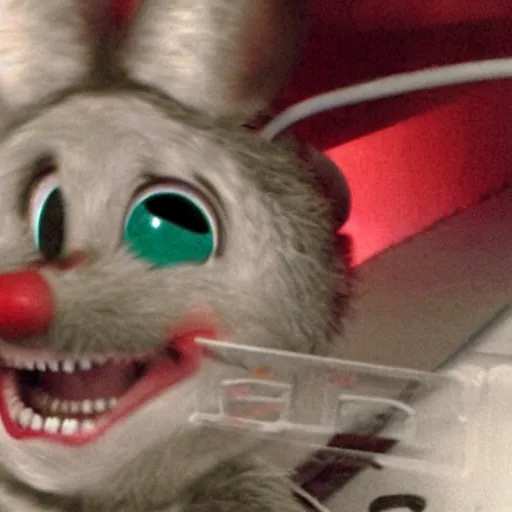 Image similar to horror creepypasta chuck E cheese mouse breaking into room, hyperrealistic blood and eyes, cursed image