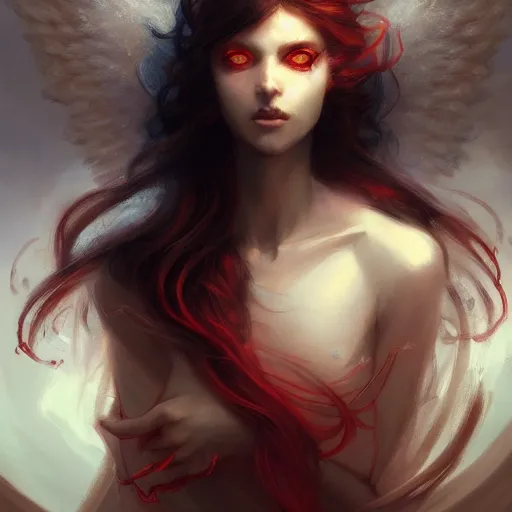 Prompt: portrait of the beautiful face an angel with pale skin and red eyes and long dark hair by pete mohrbacher and greg rutkowski and wlop, digital art, unreal engine 5, 4K UHD image