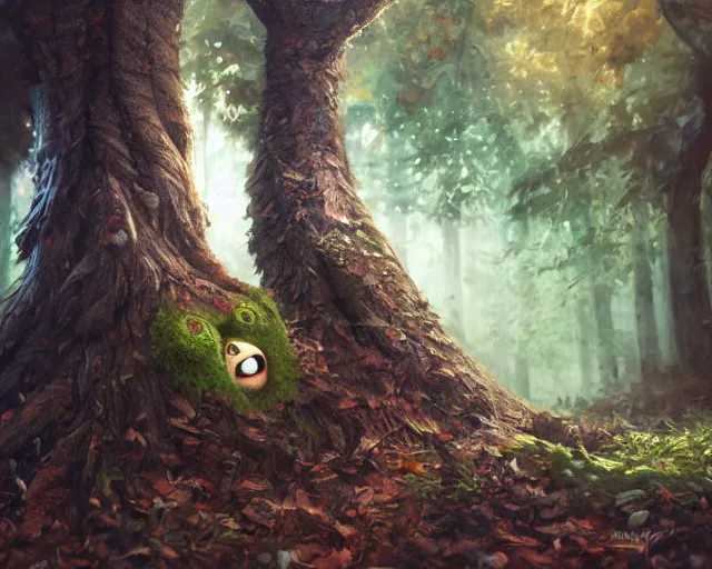 Image similar to a talking tree, a smiling face in the bark, bushy moustache, big eyes, nose, fantasy concept art, oil painting, hyperrealistic, highly detailed, artstation, cgsociety, in the forest