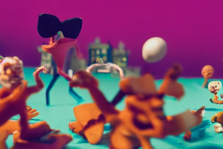 Image similar to cinematic screenshot of a stop motion claymation film about a wacky adventure starring danny brown, shallow depth of field, 1 8 mm, f 1. 8