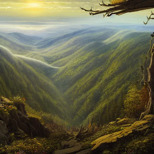 Image similar to a beautiful and highly detailed matte painting of the the appalachian mountains, intricate details, epic scale, insanely complex, 8 k, sharp focus, hyperrealism, very realistic, by caspar friedrich, greg rutowski, james gurney, zeen chin,