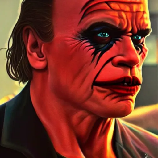 Image similar to awe inspiring Arnold Schwarzenegger as The Joker 8k hdr movie still dynamic colorful lighting