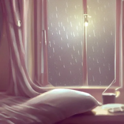 Image similar to on a rainy day, someone sits in bed, curled up under the covers, looking out the window, cinematic, artstation, extremely detailed, intricate, cinematic lighting