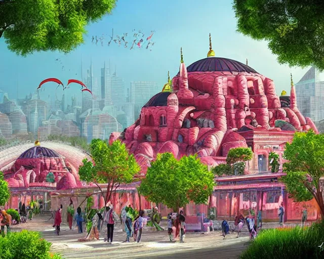 Image similar to turkey! - hungary! khaganate in 2 0 3 3 year, with futuristic! buildings, with pink! and green! trees around buildings, highly detailed digital art