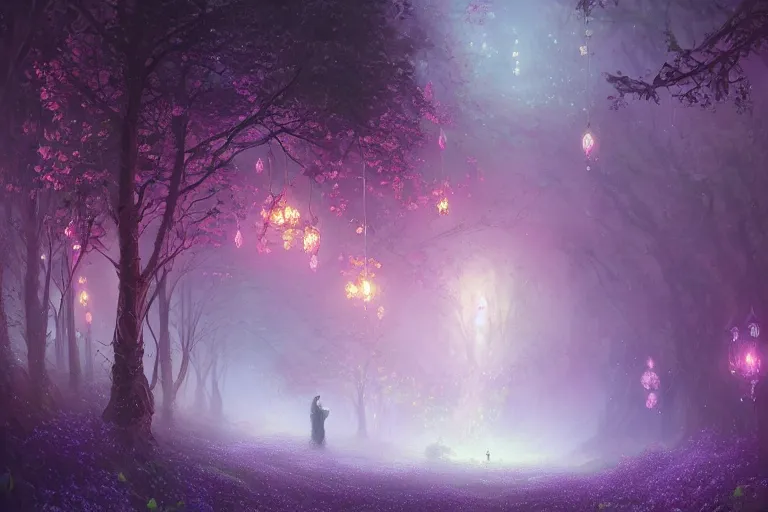 Image similar to enchanted garden of violets and roses, warm moody light, highly detailed matte fantasy painting, Deviantart Artstation, by Artgerm Ross Tran Alena Aenami Lisa Frank Peter Mohrbacher Brom Ferdinand Knab, fairy lights neon glow bokeh backdrop