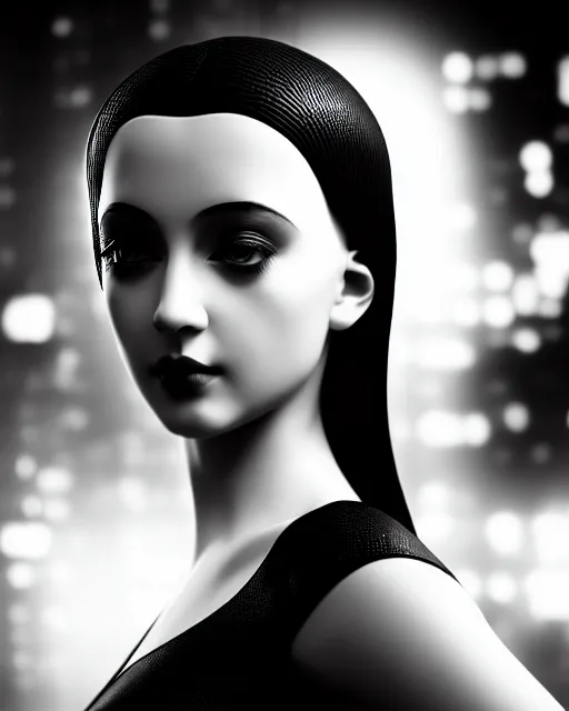 Image similar to black and white dreamy young beautiful female artificial intelligence, metropolis, cinematic, rim light, bokeh, photo - realistic, elegant, high detail, 8 k, masterpiece, photo taken in 1 9 3 0