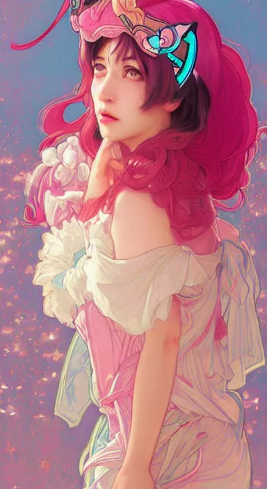 Image similar to Portrait of Youppi as a shiny pink and cyan legendary pokémon. Beautiful digital art by Greg Rutkowski and Alphonse Mucha. Cat ears