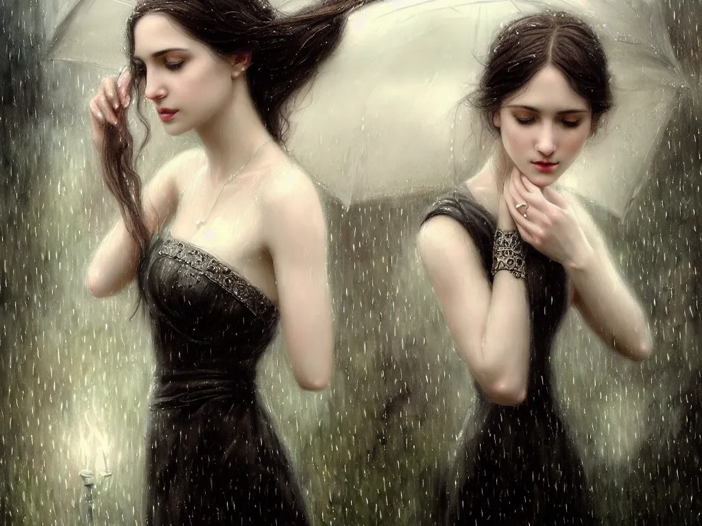 Prompt: highly detailed portrait of a beautiful girl in the rain with wet dark hair and pale skin, ornate elegant white dress, fantasy, intricate, elegant, dramatic lighting, emotionally evoking symbolic metaphor, highly detailed, lifelike, photorealistic, digital painting, artstation, concept art, smooth, sharp focus, illustration, art by John Collier and Albert Aublet and Krenz Cushart and Artem Demura and Alphonse Mucha