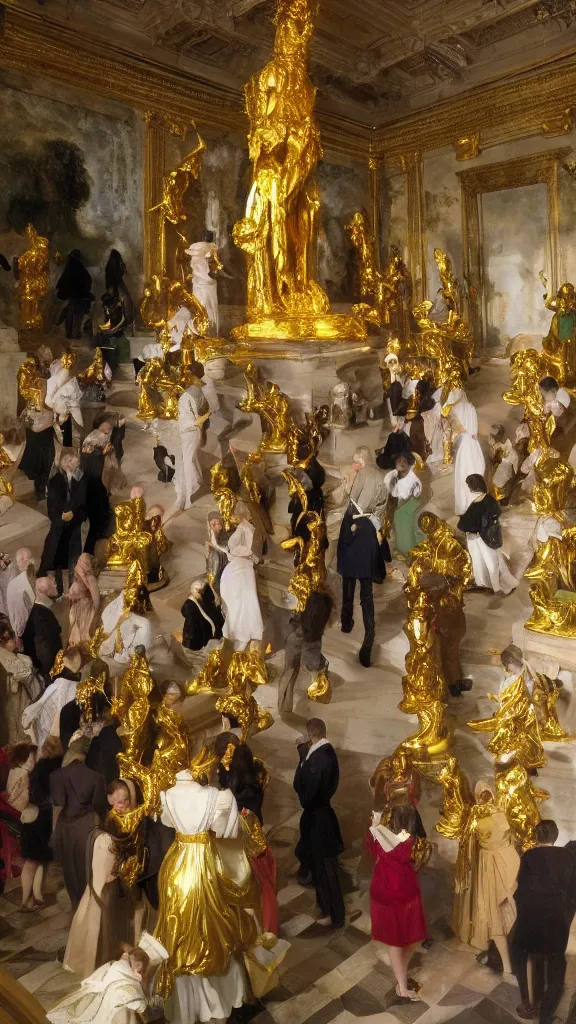 Prompt: a crowd of people pray a golden rabbit statue god in up center, botanical room by john singer sargent