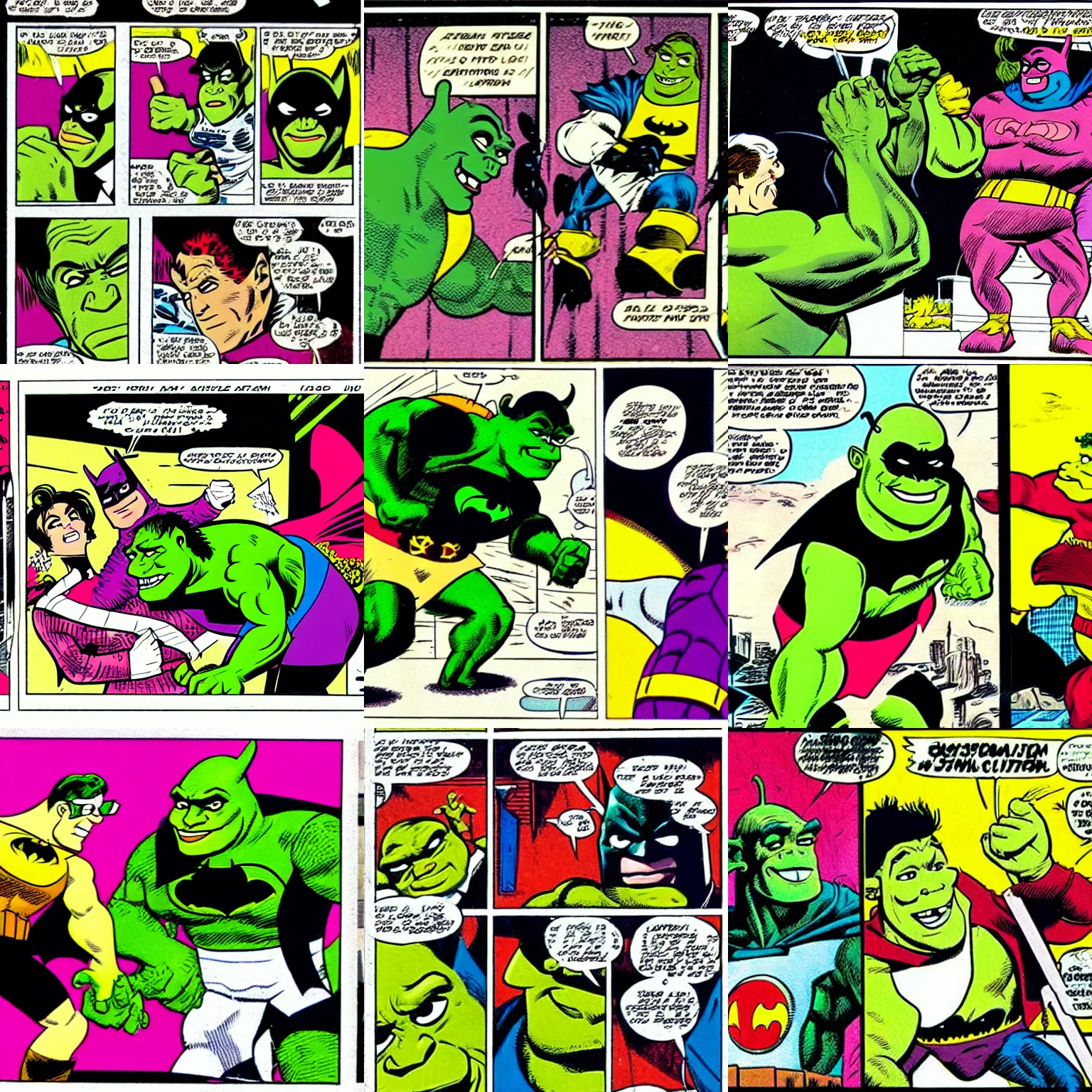 Prompt: a 1980s comic book panel featuring Shrek fighting Batman