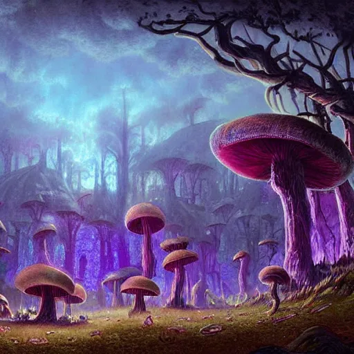 Image similar to concept art detailed painting of a dark purple fantasy fungal town made of mushrooms, with glowing blue lights, in the style of albert bierstadt