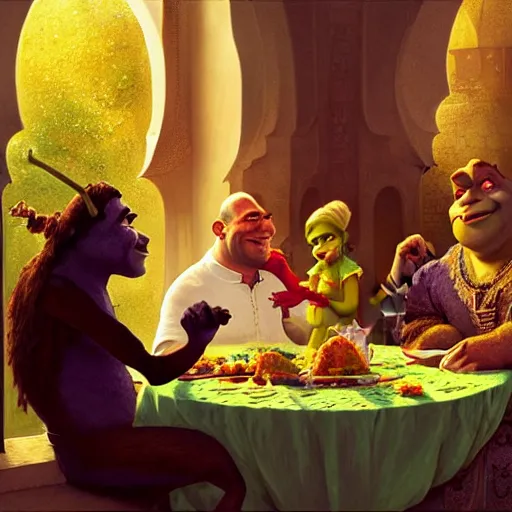 Image similar to shrek eats couscous with his family, moroccan festival, highly detailed, digital painting, artstation, concept art, sharp focus, illustration, art by greg rutkowski and alphonse mucha