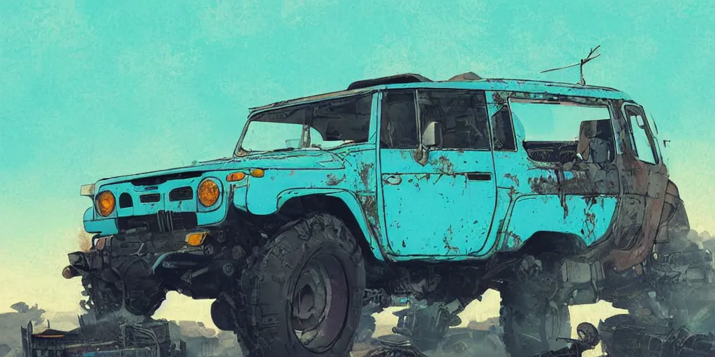 Image similar to digital illustration of a futuristic faded cyan mad max's fj 4 0 decrepit!!!! pursuit special, rusty!!! cyberpunk nissan fj cruiser heavily modded 1 9 9 0 s, the last v 8 interceptor by makoto shinkai, ilya kuvshinov, lois van baarle, rossdraws, basquiat