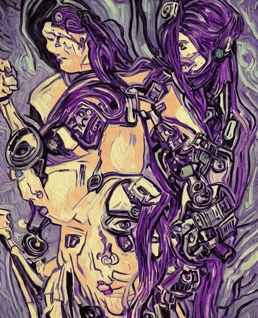 Image similar to A beautiful painting of a cyberpunk girl with purple hair and an a huge robot arm sensual stare, augmentations and cybernetic enhancements neon circuits, Painted by Vincent Van Gogh ❤️‍🔥 🔥 💀 🤖 🚀