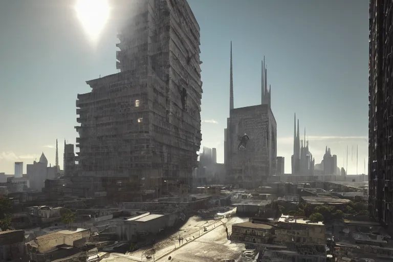 Image similar to streetscape, a towering cathedral of brutalist architecture, buildings covered with greebles, stunning volumetric light, sunset, metal, concrete and translucent material, stunning skies, majestic landscape, trending on Artstation, 8k, photorealistic, hyper detailed, unreal engine 5, IMAX quality, cinematic, epic lighting, in the style of Greg Rutkowski