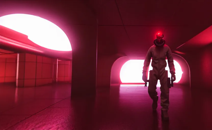 Image similar to in-game screenshot of a dark red hazmat scientist holding a gun walking on unreal engine 5, in a liminal underground garden, photorealistic, octane render, retrofuturism, brutalism, staggered terraces, minimalist