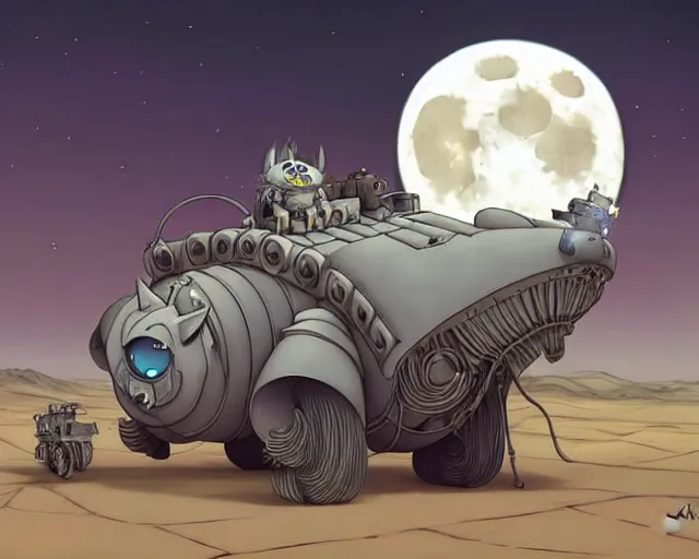 Image similar to a cell shaded cartoon grey lovecraftian mechanized wolf from howl's moving castle ( 2 0 0 4 ), with a big head, on a desert road, wide shot, in front of a big moon, muted colors, post grunge, josan gonzales, wlop, by james jean, victor ngai, hq, deviantart, art by artgem