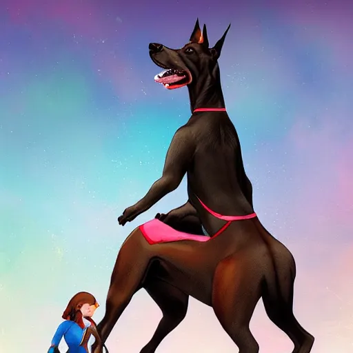 Image similar to girl riding a giant doberman in the park, trending on artstation