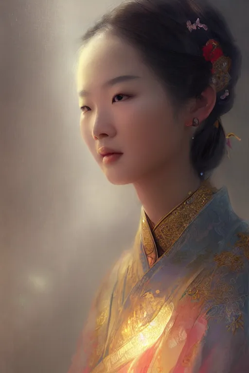 Image similar to chinese princess, gorgeous, portrait, intricate, elegant, volumetric lighting, scenery, digital painting, highly detailed, artstation, sharp focus, illustration, concept art, ruan jia, steve mccurry