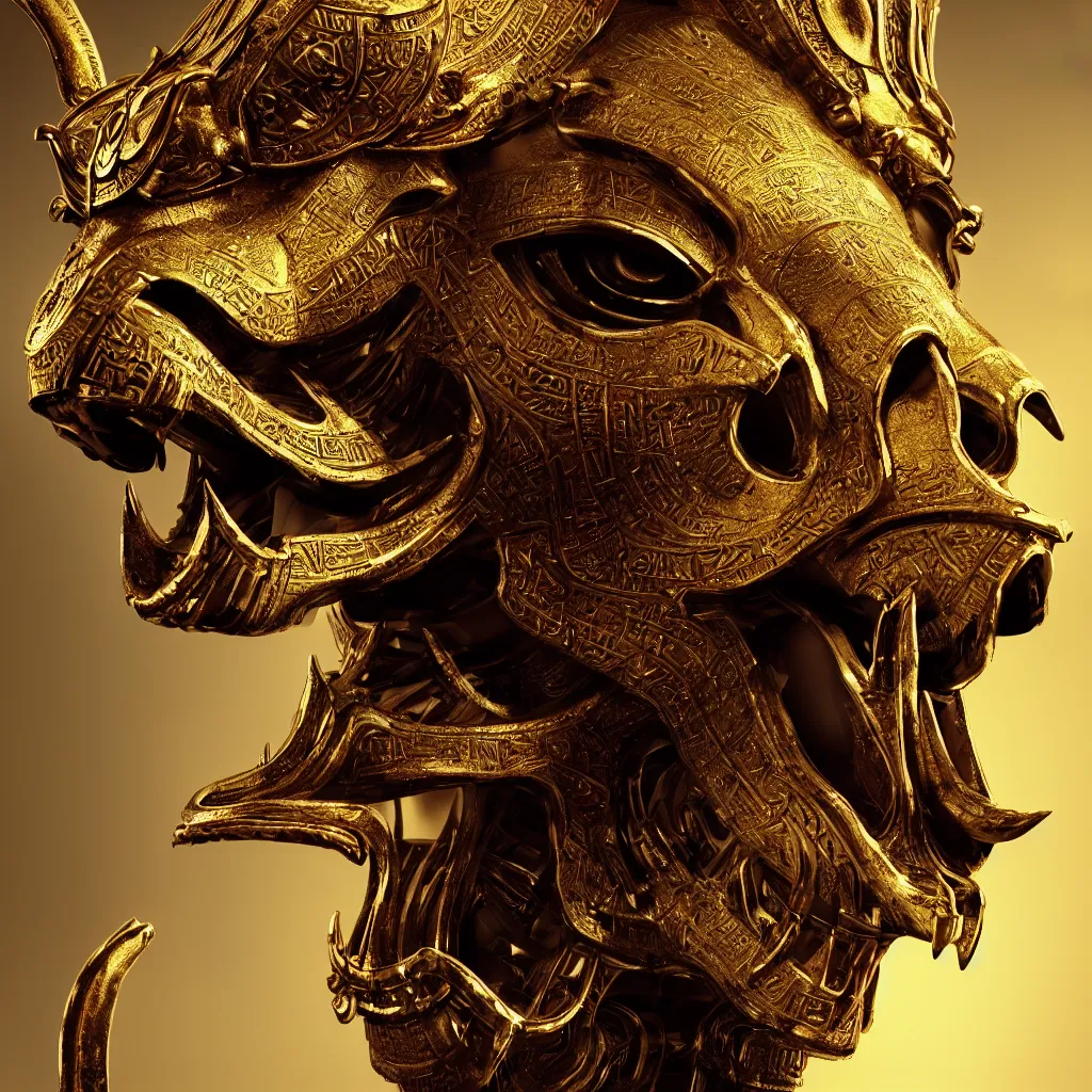 Image similar to Photorealistic epic egyptian god face close-up portrait ram skull, jackal skull, gold. ominous, ancient magic, intricate artwork by Tooth Wu and wlop and beeple and ryohei hase. octane render, trending on artstation, greg rutkowski very coherent symmetrical artwork. cinematic, hyper realism, high detail, octane render, 8k