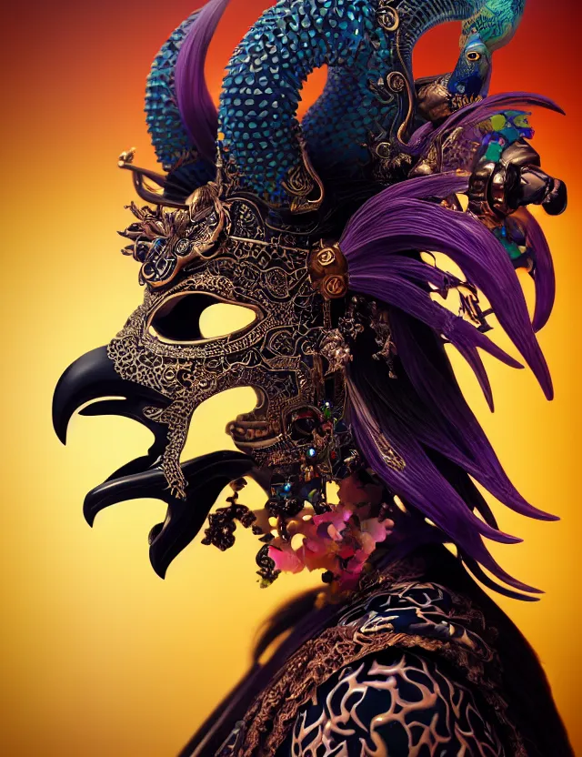 Image similar to 3 d goddess close - up profile portrait of satanic with ram skull. beautiful intricately detailed japanese crow kitsune mask and clasical japanese kimono. betta fish, jellyfish phoenix, bio luminescent, plasma, ice, water, wind, creature, artwork by tooth wu and wlop and beeple and greg rutkowski