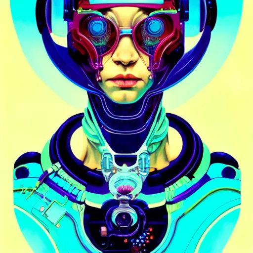 Image similar to high quality high detail portrait of a cybernetic queen diesel punk character in an futuristic world, tristan eaton, victo ngai, artgerm, rhads, ross draws, hyperrealism, intricate detailed, alphonse mucha, pastel colors, ghost in the shell, artstation,