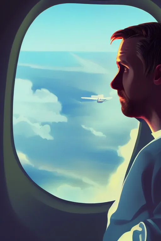 Image similar to Ryan Gosling looking a huge fire at window in airplane, ilya kuvshinov landscape, very detailed, ArtStation